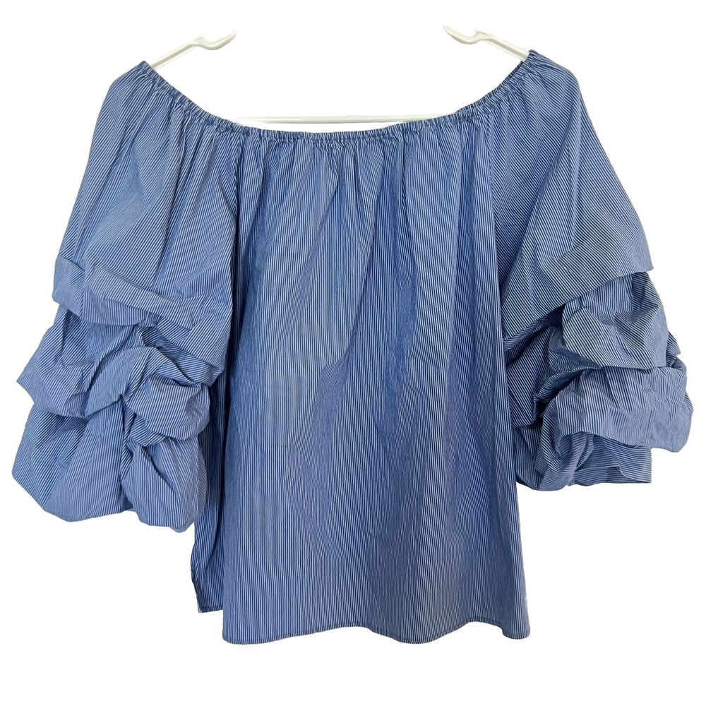Zara Woman Blue Stripe Off Shoulder Ruffle 3/4 Sleeve XS